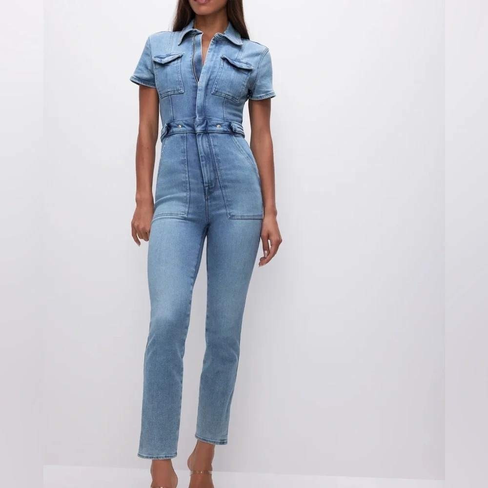 Good American Womens Fit For Success Jumpsuit M Blue Utility Zip Front Denim